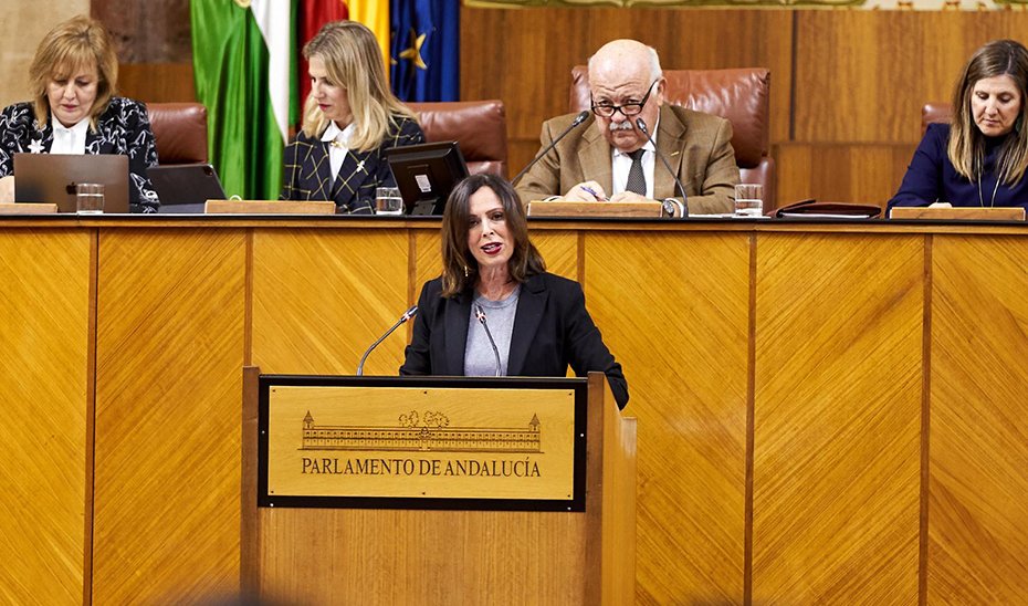 La consejera de Fomento, Rocío Díaz, se dirige a los diputados andaluces desde la tribuna del salón de plenos del Parlamento de Andalucía.