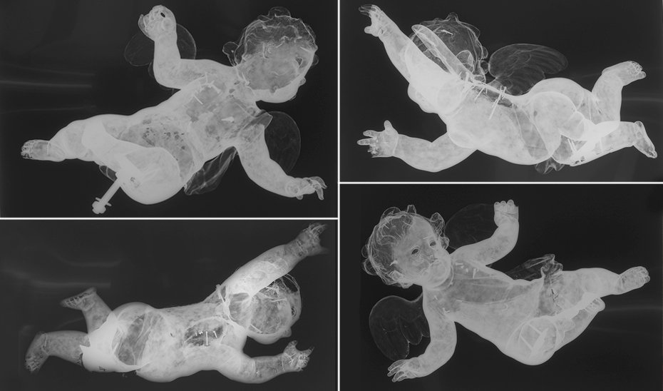 Cuatro imágenes del estudio de los ángeles del paso del Gran Poder que se pueden ver en la exposición.