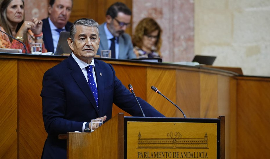 Antonio Sanz se dirige desde la tribuna de oradores a los diputados andaluces durante el debate general sobre sanidad del Parlamento de Andaucía.